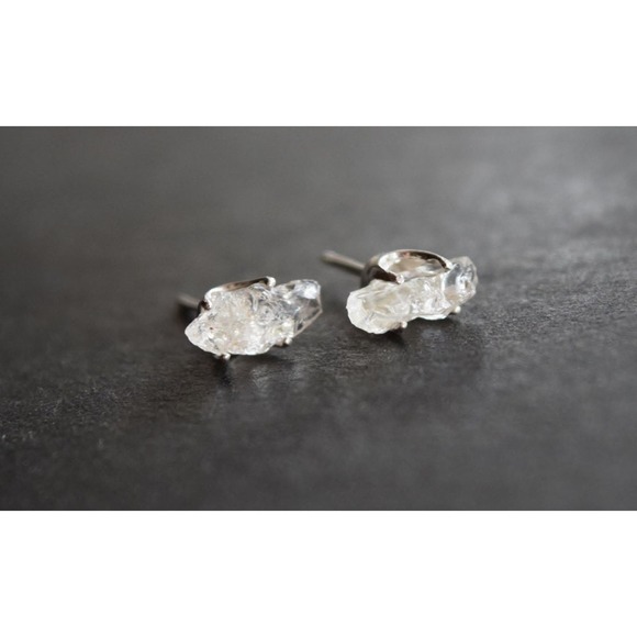 Sterling silver stud earrings, alternative diamond, uncut natural gemsto… - Picture 4 of 4